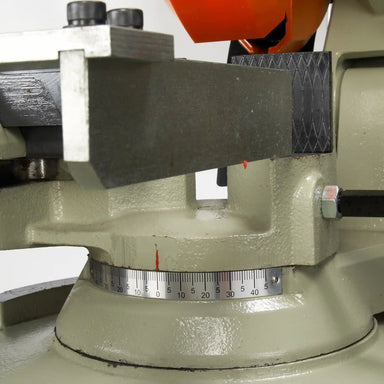 A close up image of the miter angle scale, installed on the Baileigh CS-315EU