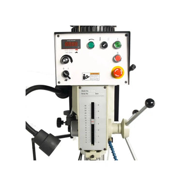 A up close image of the head of the machine and control panel, the machine is the Baileigh DP-1250-VS-HS