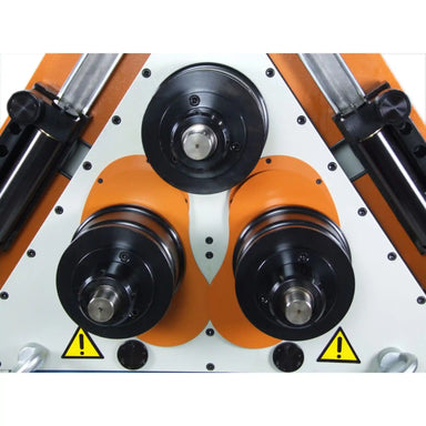 A close up front view image of the head of the roll bender, showing the rolls installed. The roll bender is the Baileigh R-H85