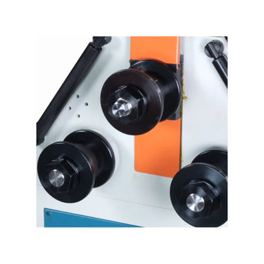 A image taken from the front showing the head of the machine, the image includes the rollers. The roll bender is the Baileigh R-M55H