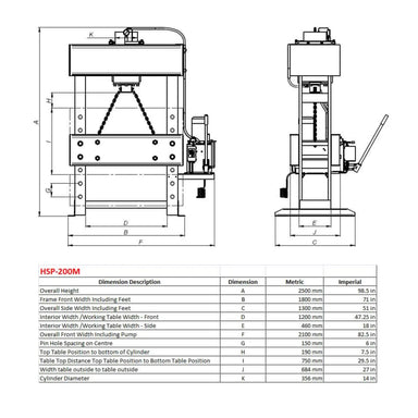 A image of the dimensions for the Baileigh HSP-200M hydraulic press