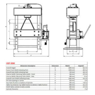 A image showing the dimensions on the Baileigh HSP-33M