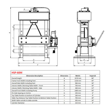 A image showing the dimensions of the Baileigh HSP-66M hydraulic press