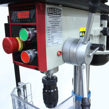 A close up image of the drill press head, showing the Baileigh brand, control panel and model the DP-0625E