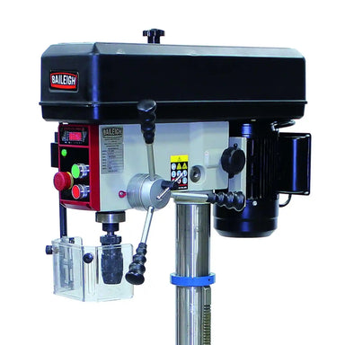 A close up image of the head, control panel and motor on the Baileigh DP-1000E