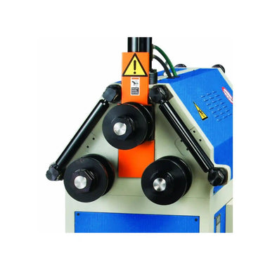 A image taken from the front of the roll bender, the image shows the hydraulics, rollers and top half of the machine, the roller is the Baileigh R-H55