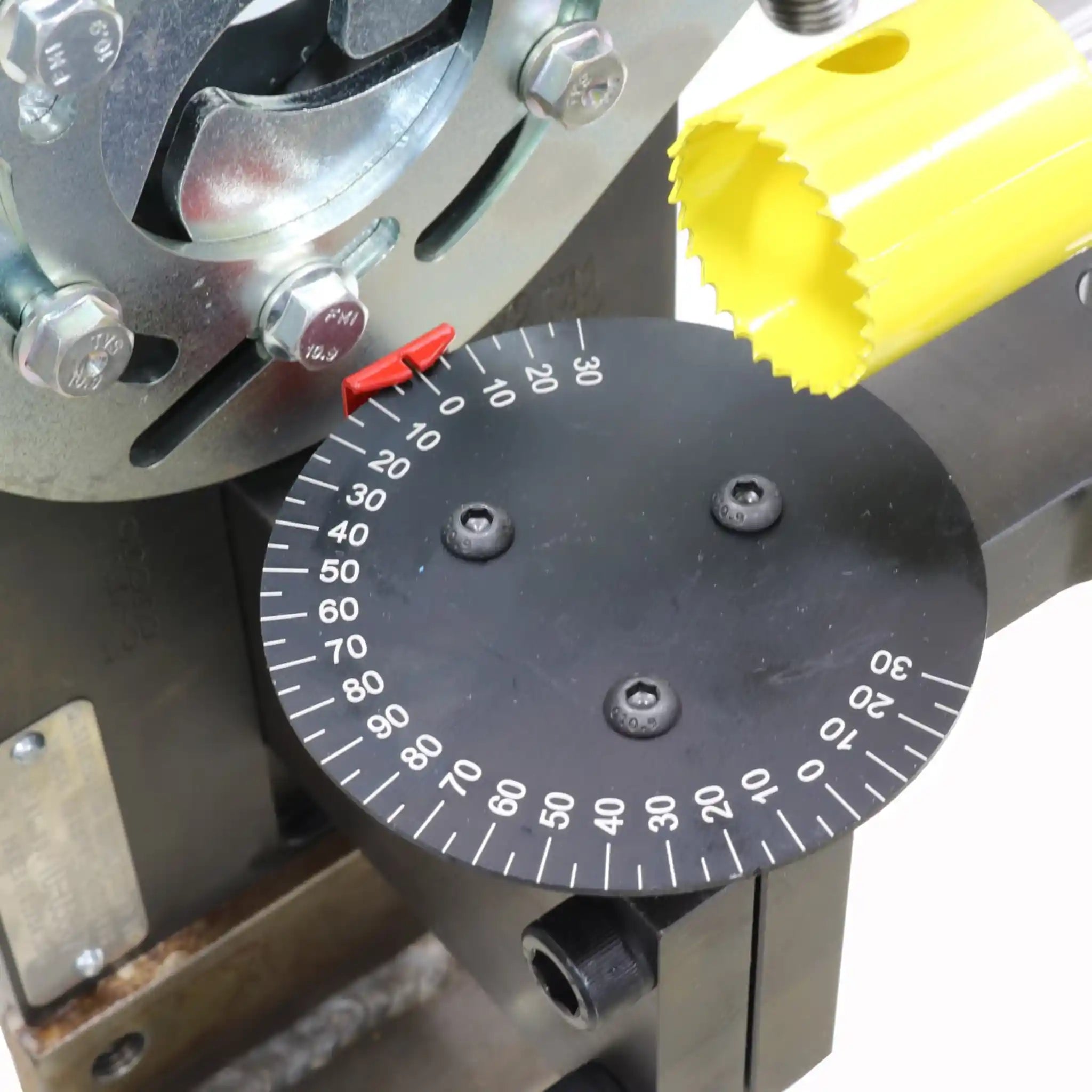 A image taken in a top down view showing the angle adjustment dial feature on the Baileigh TN-250 drill operated tube notcher