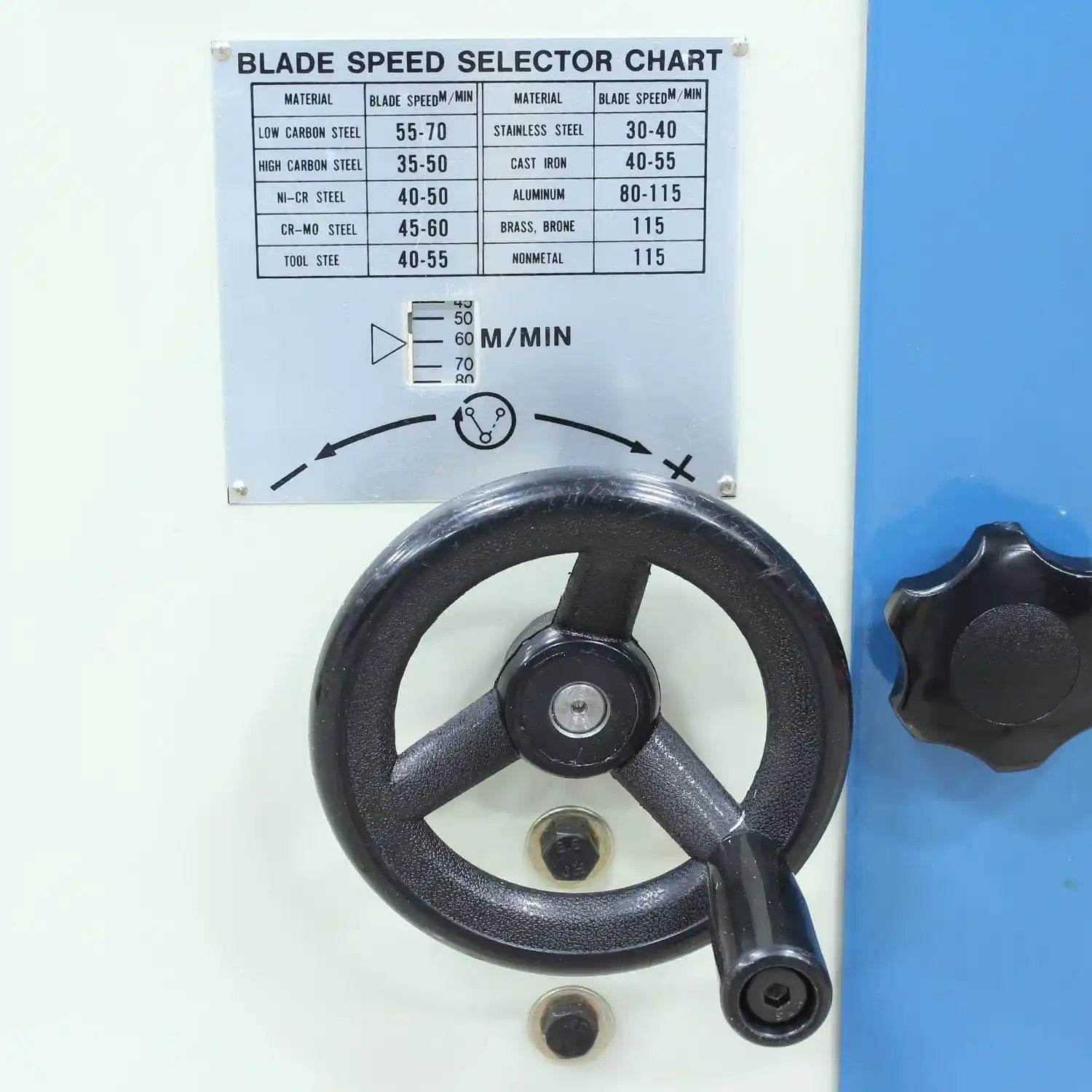 Blade speed selector chart and wheel on the BSV-12 bandsaw from Baileigh