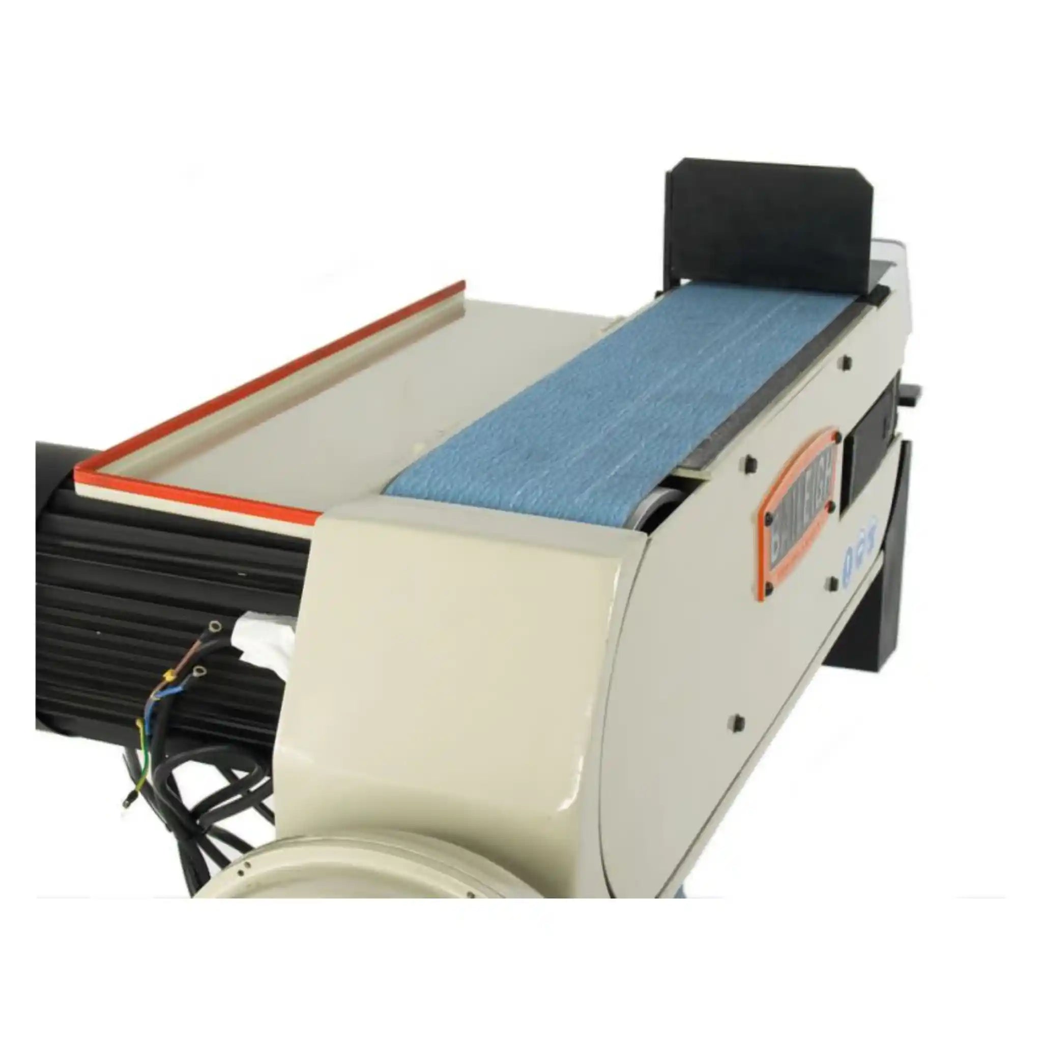 A view of the Baileigh BG-679-3PH belt grinder looking from the side of the machine in a top down view, showing the belt, motor, wires