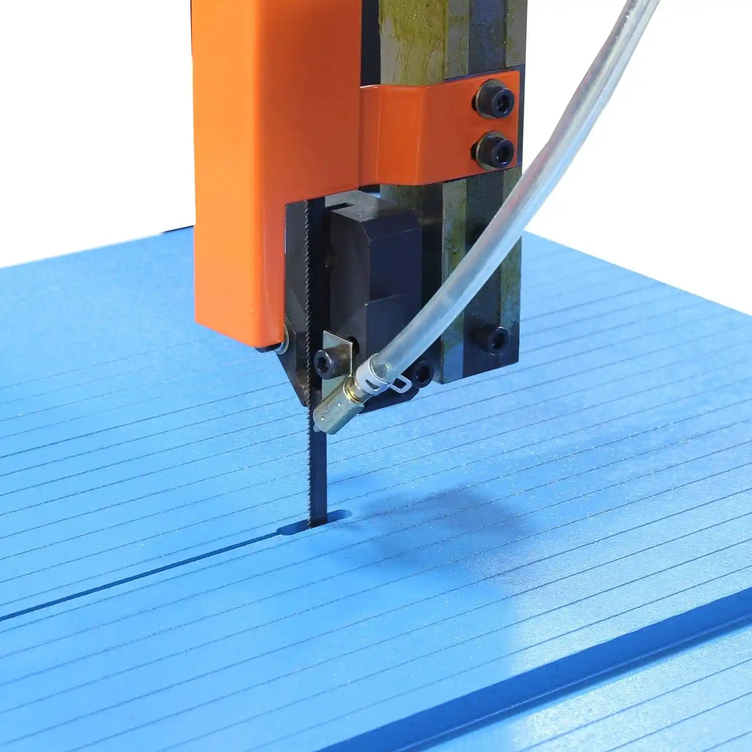 Up close image showing the cutting table, coolant system and blade on the Baileigh BSV-12 Vertical Bandsaw