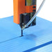Up close image showing the cutting table, coolant system and blade on the Baileigh BSV-12 Vertical Bandsaw