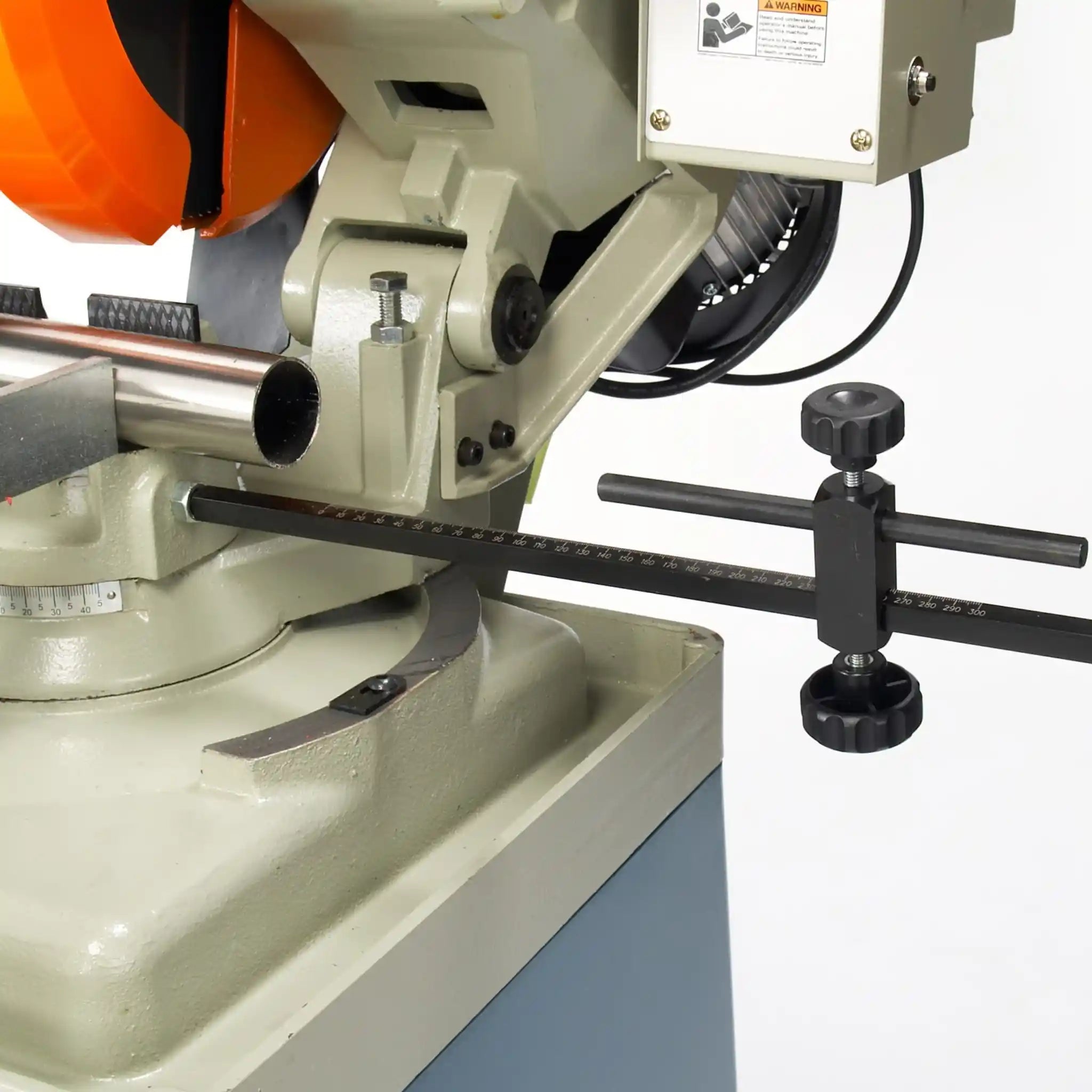 A image from the side showing the adjustable length material stop on the Baileigh CS-315EU 