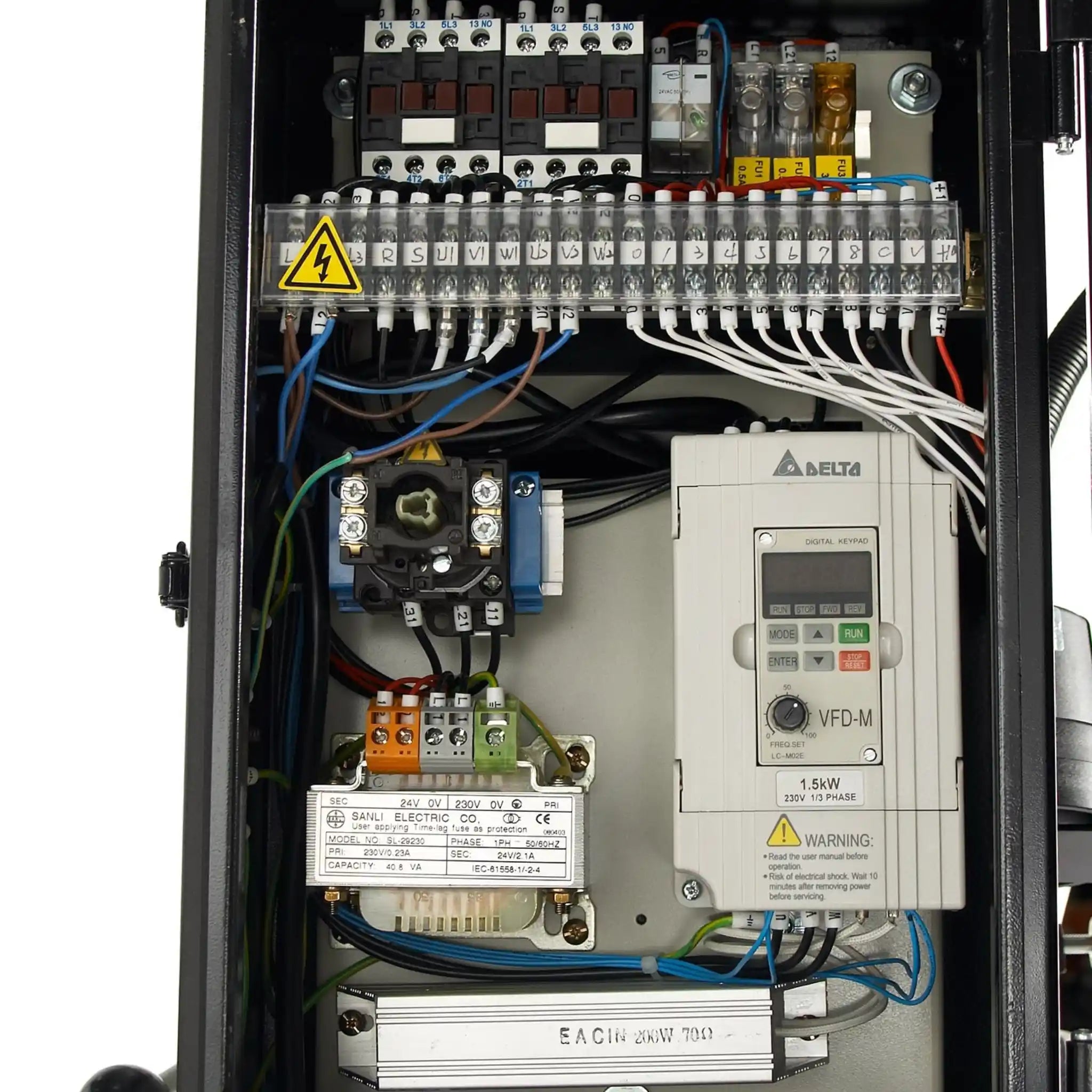 A view of the inside of the electricals on the Baileigh DP-1000VS