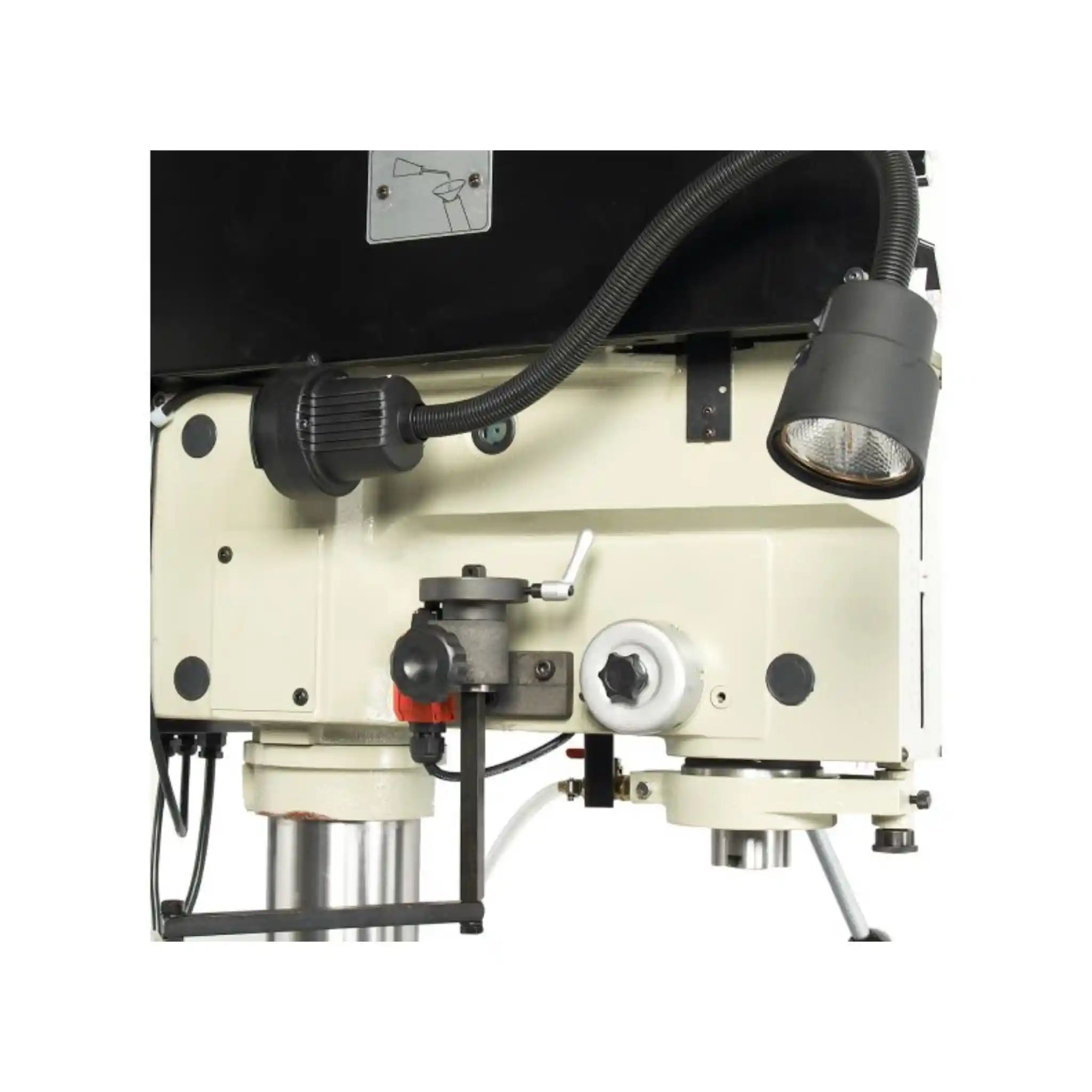 A image of the head on the machine, including work light. The machine is the Baileigh DP-1250VS-HS Drill Press