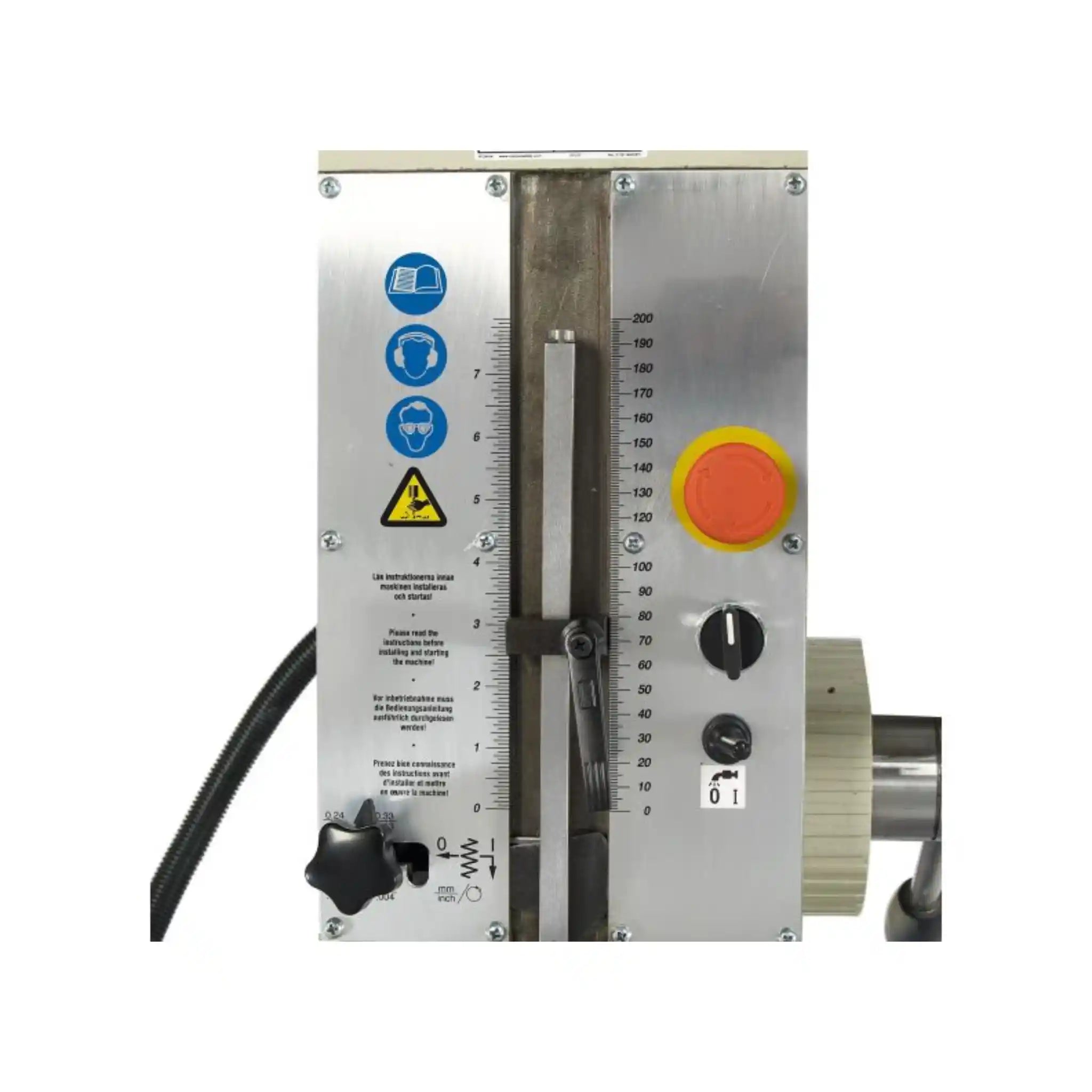 A image showing the emergency stop, depth scale on the Baileigh DP-1500G