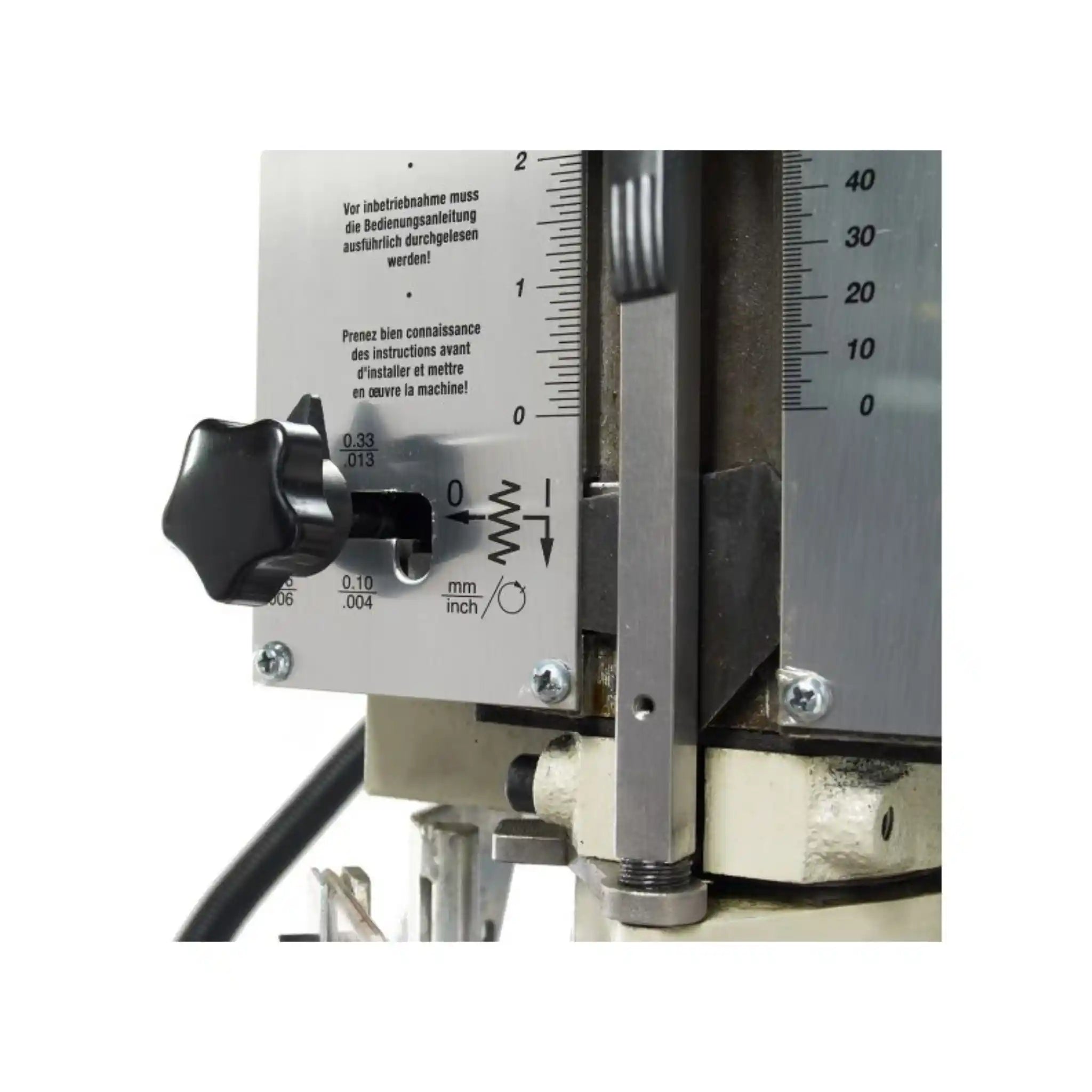 The depth stop adjustment on the Baileigh DP-1500G