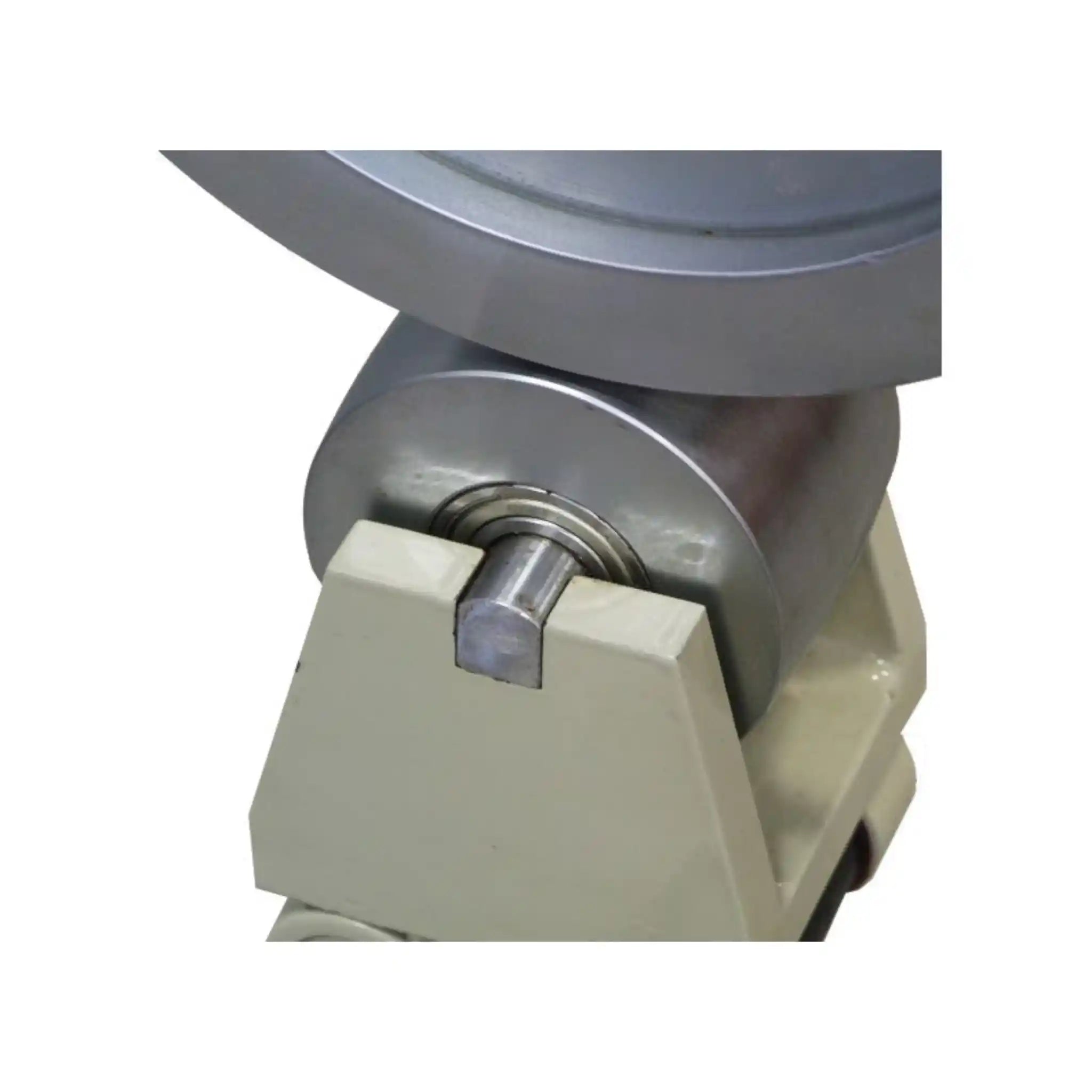 A close up image of the lower wheel installed on a English wheel, the machine is the Baileigh EW-28