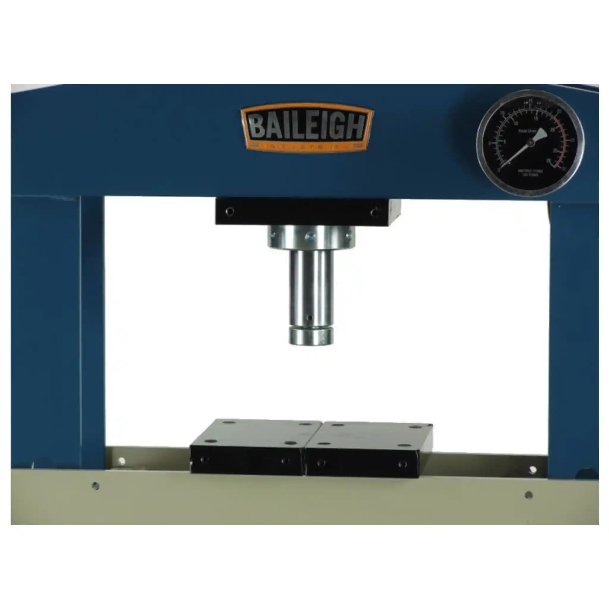A front image of the Baileigh HSP-20A press, showing the press ram and pressure gauge 