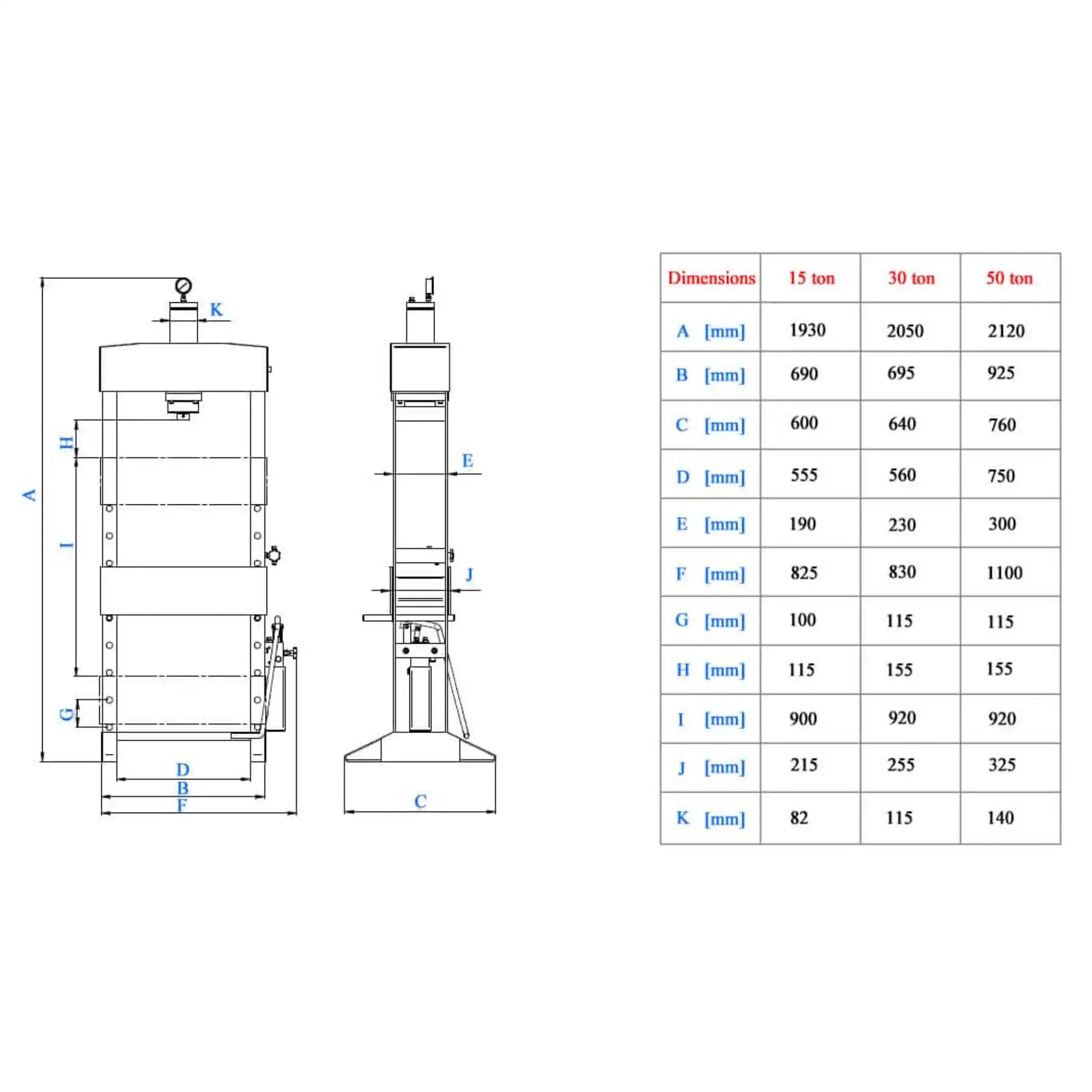 A image showing the dimensions of the HSP-55F press manufactured by Baileigh