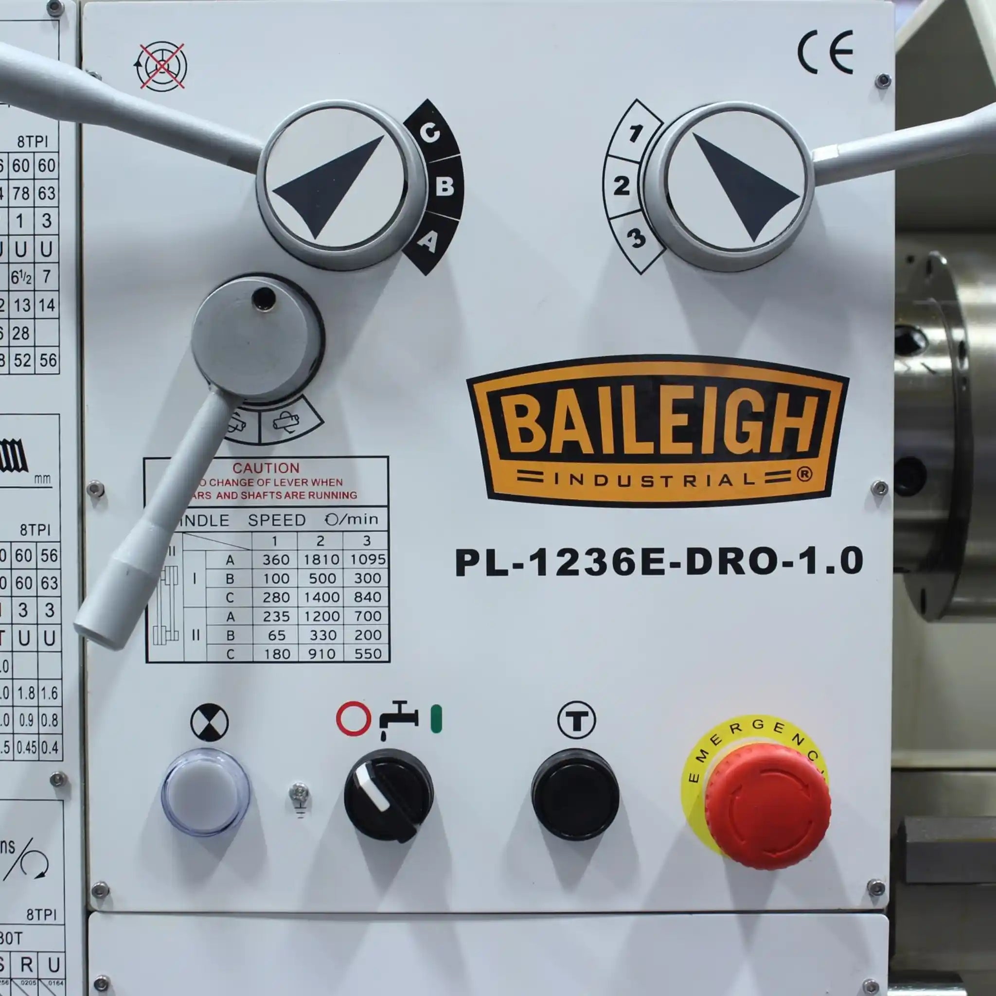 A close up image of the headstock controls on the PL-1236E-DRO lathe, manufactured by aileigh