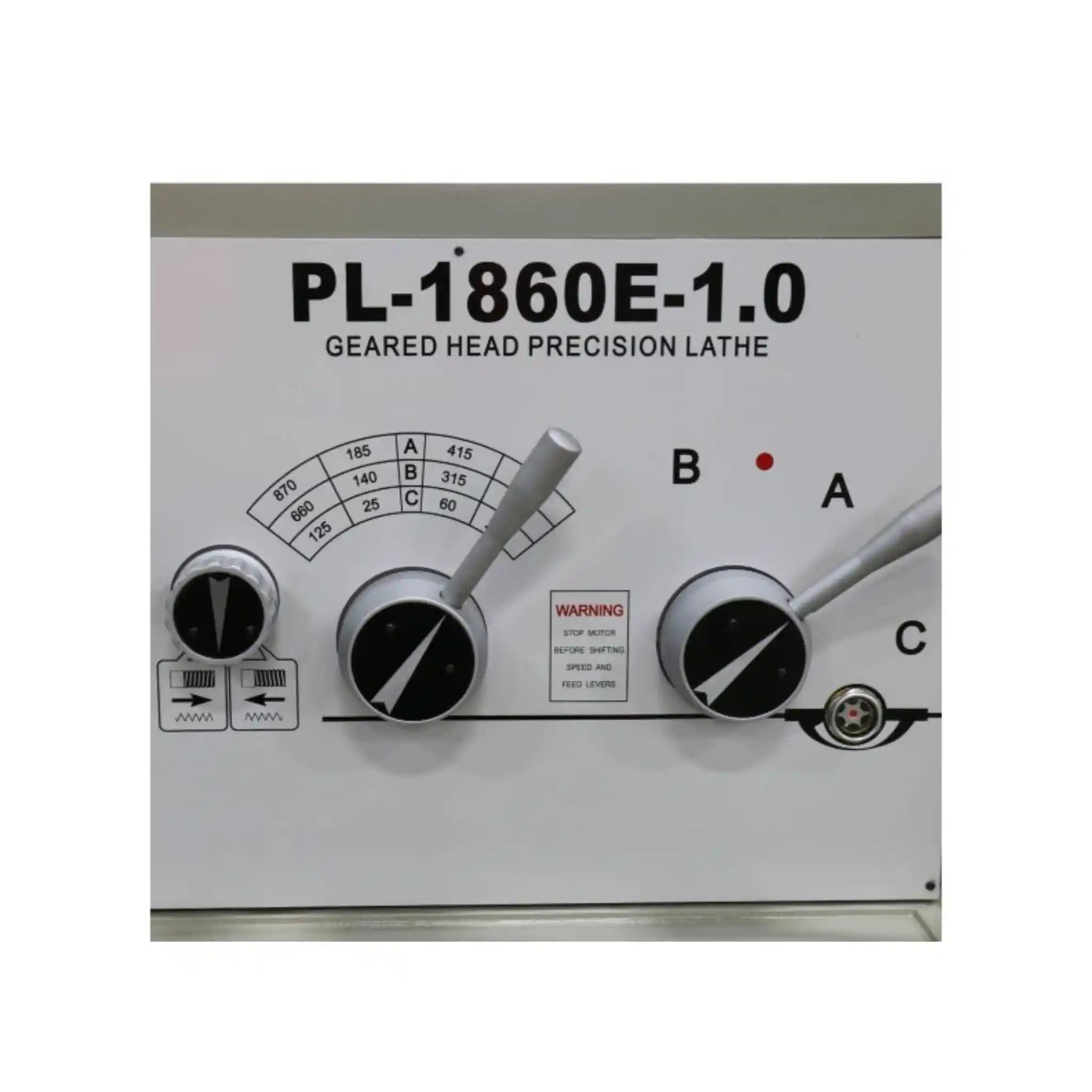 A image of the speed control levers and gage on the Baileigh PL-1860E lathe