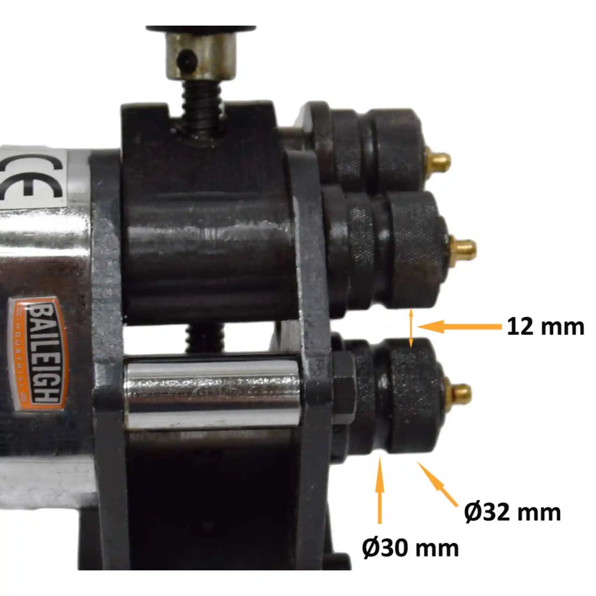 A side view image of the Baileigh R-M3 showing the rolls, distance between the top and bottom roll