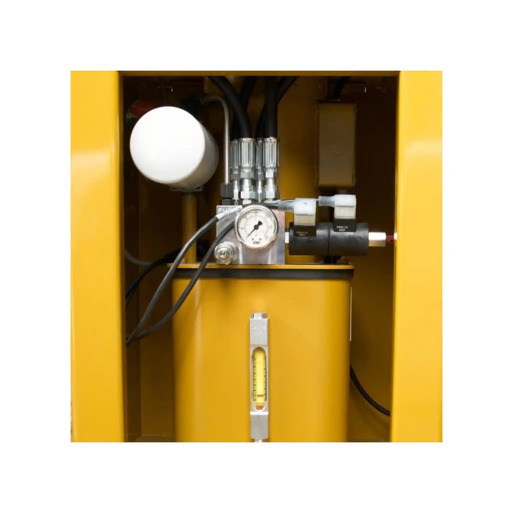 A image of the hydraulic power unit installed in the base of the Baileigh RDB-175