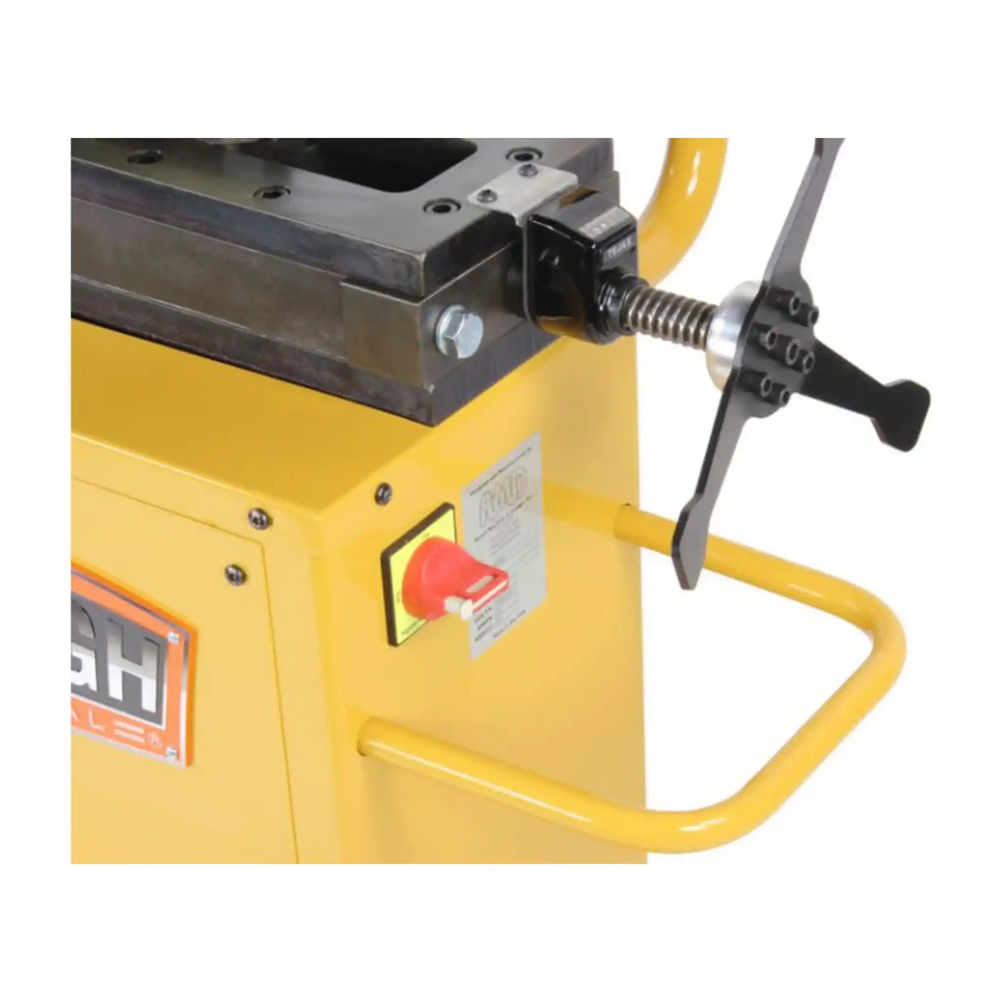 A image showing the side of the Baileigh RDB-250, on the side of the tube bender we can see a handle, emergency stop button