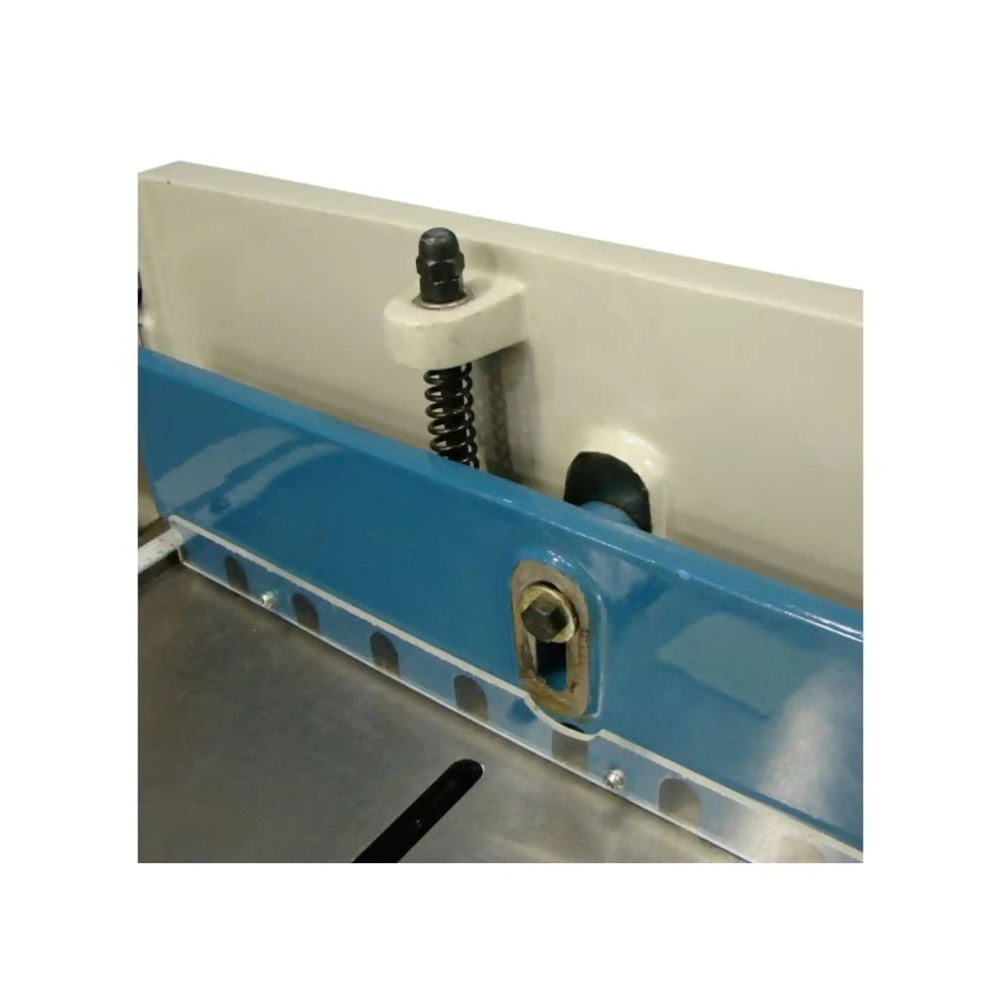 A image taken up close of the Baileigh SF-5216E shear showing the sheet metal clamp