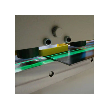 A image showing the laser cutting line activated on the Baileigh SH-5203-HD shear, showing where the shear will take place