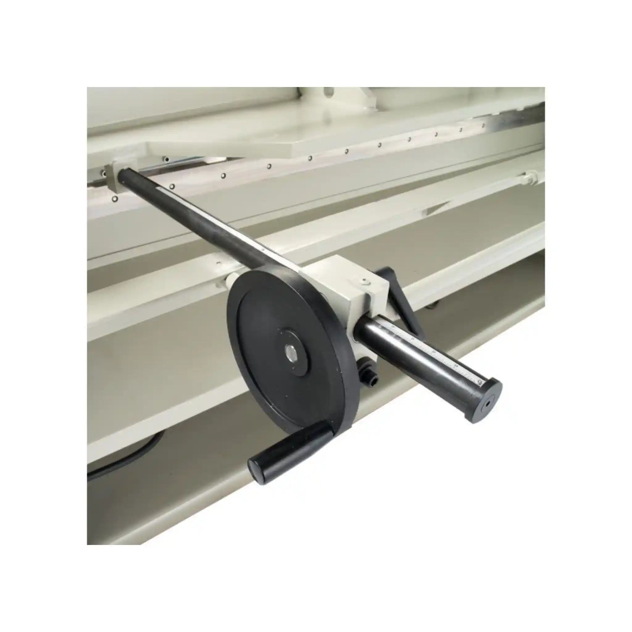 A image taken of the back gauge adjustment mechanism on the Baileigh SH-8010 guillotine 