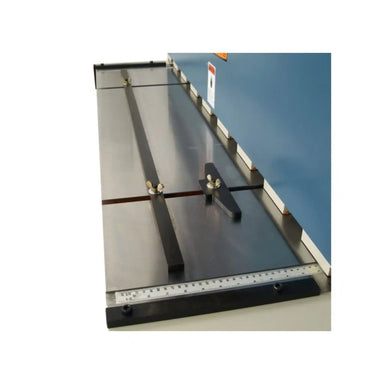 A image showing the squaring arm and material stop on the Baileigh SH-8010 shear