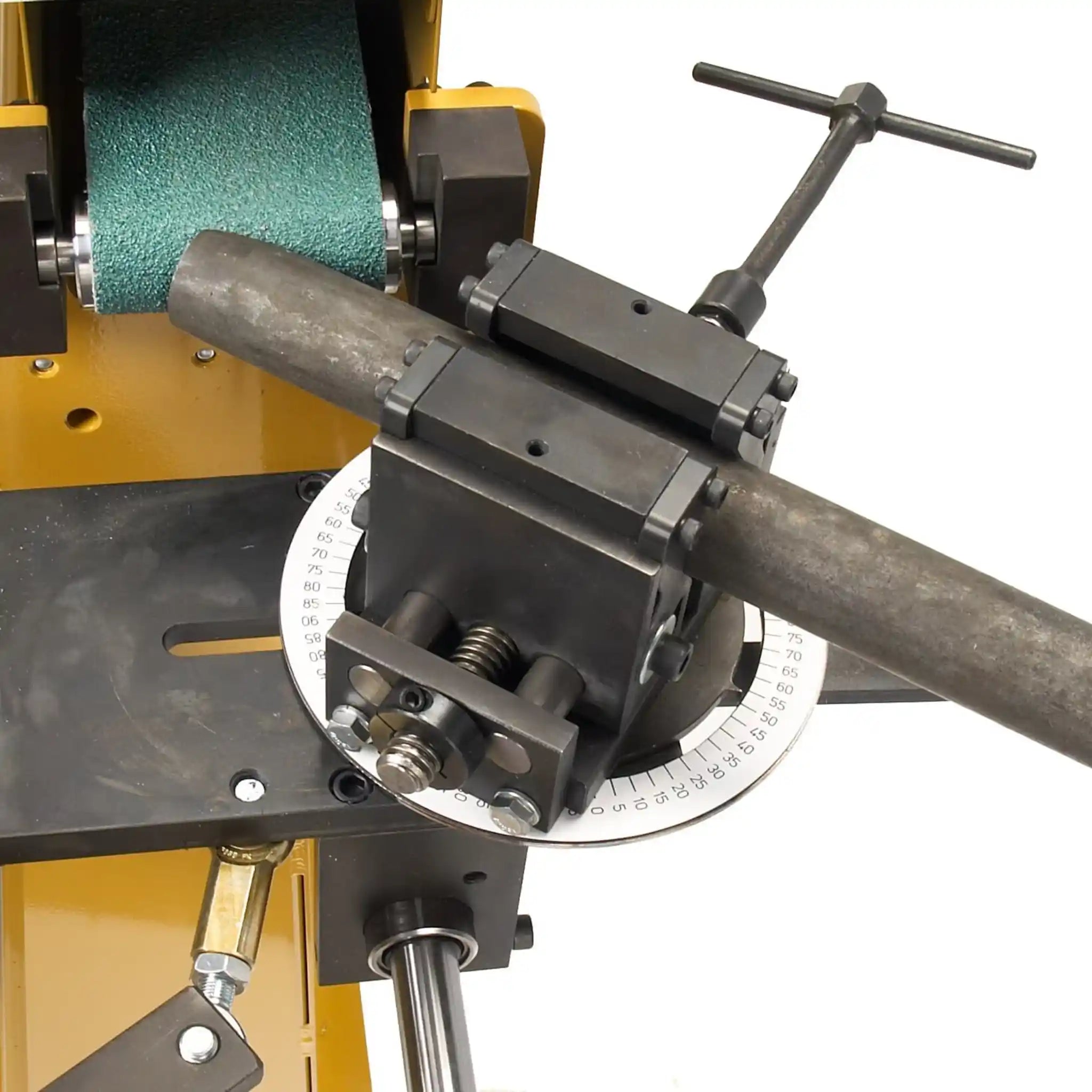 A image showing the Baileigh TN-400 at work, notching a pipe at an angle 