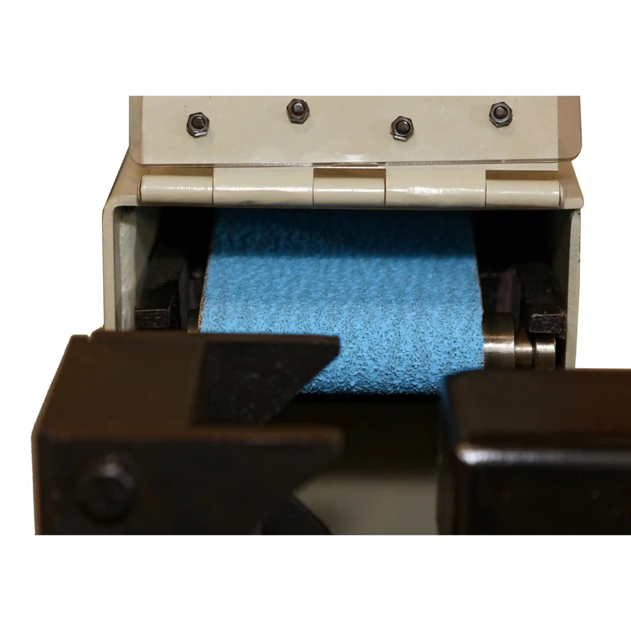 A image taken up close of the sanding belt installed on the TN-766 pipe notcher, manufactured by Baileigh