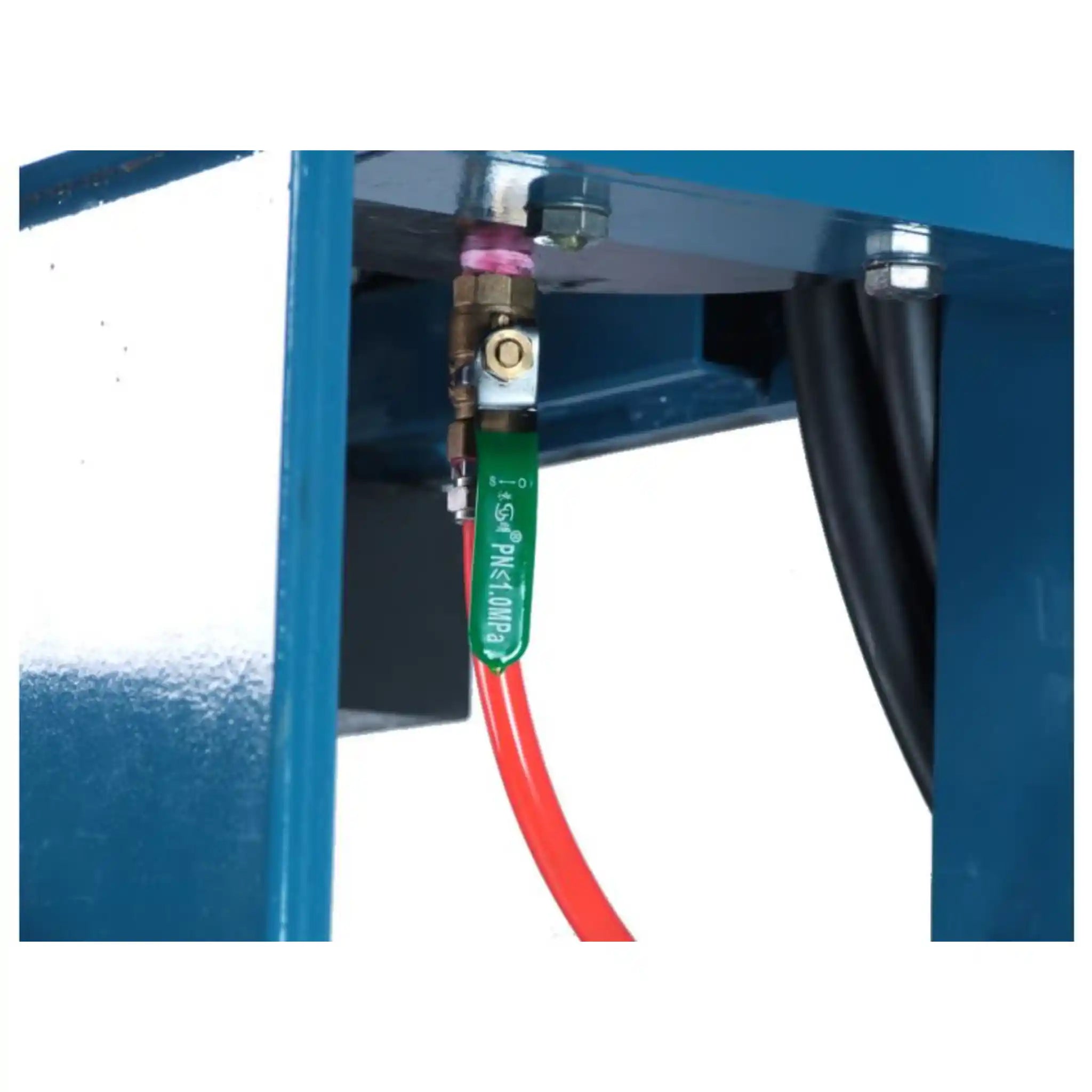 A image showing the on off ball valve on the lower end of the machine. The machine is the Baileigh HSP-100A press