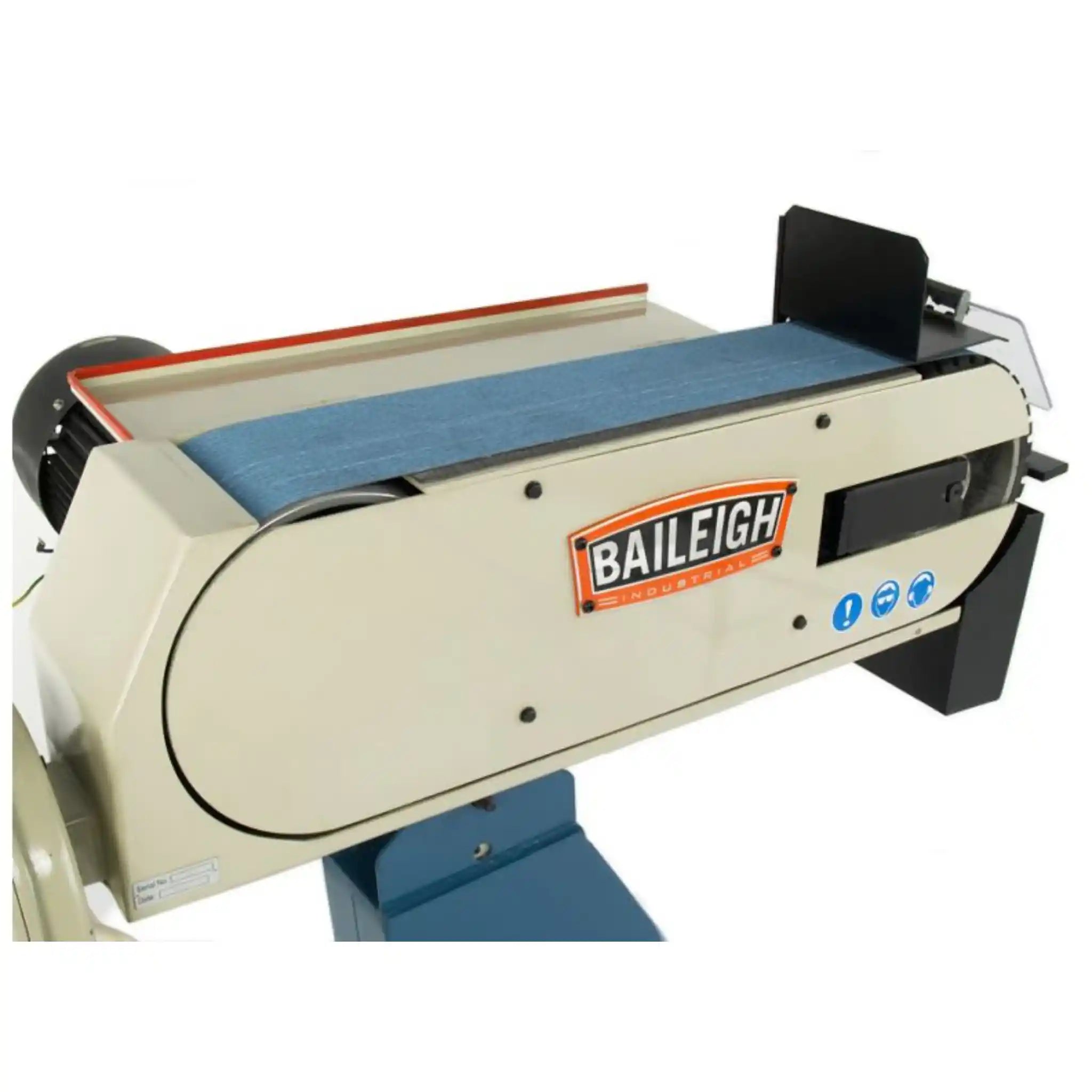 A up close image showing a belt grinder, the grinder is the BG-679-3PH, manufactured by Baileigh