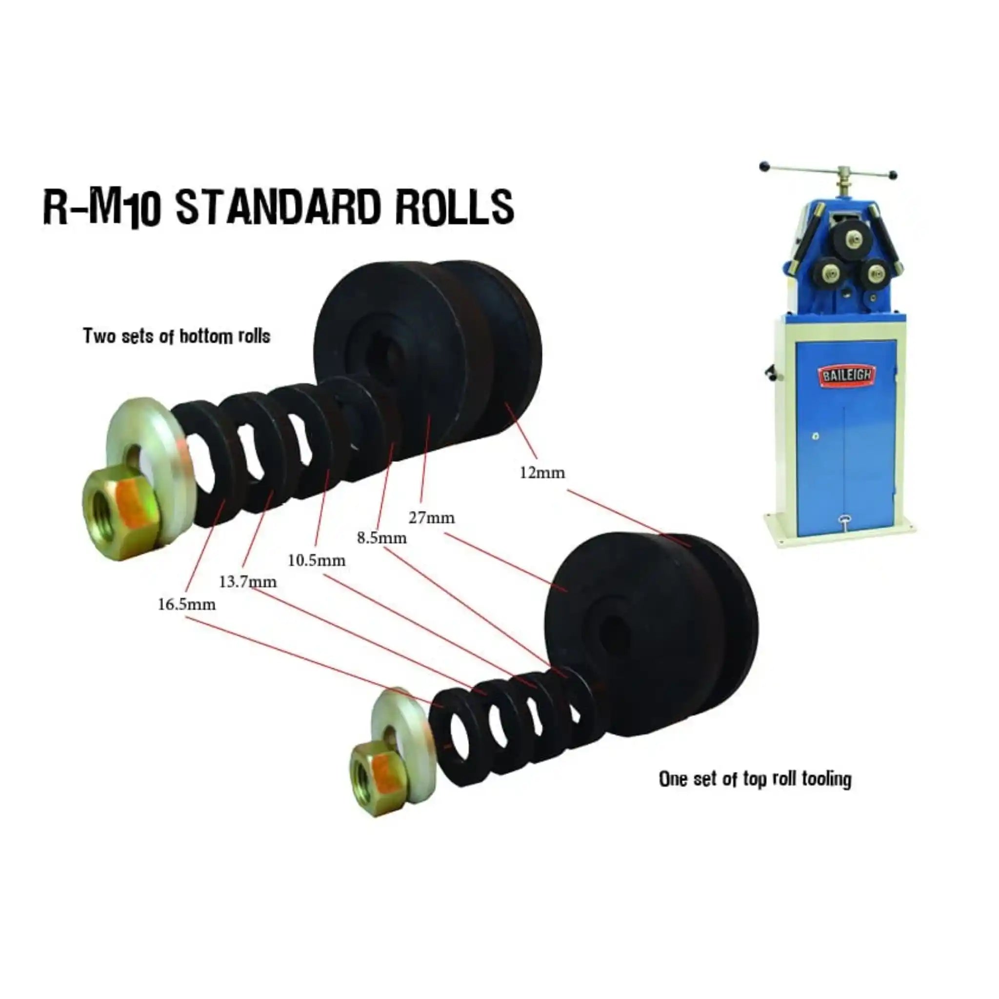 A image showing available rolls for the  R-M10 roll bender, manufactured by Baileigh