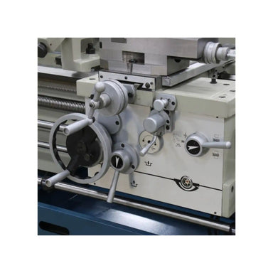 A image taken up close of the carriage and controls to operate the carriage on the Baileigh PL-1860E lathe