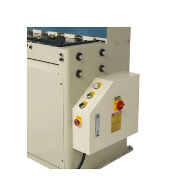 A image showing the side of the Baileigh SH-5214, the image shows the control panel and emergency stop, used to operate the hydraulic shear