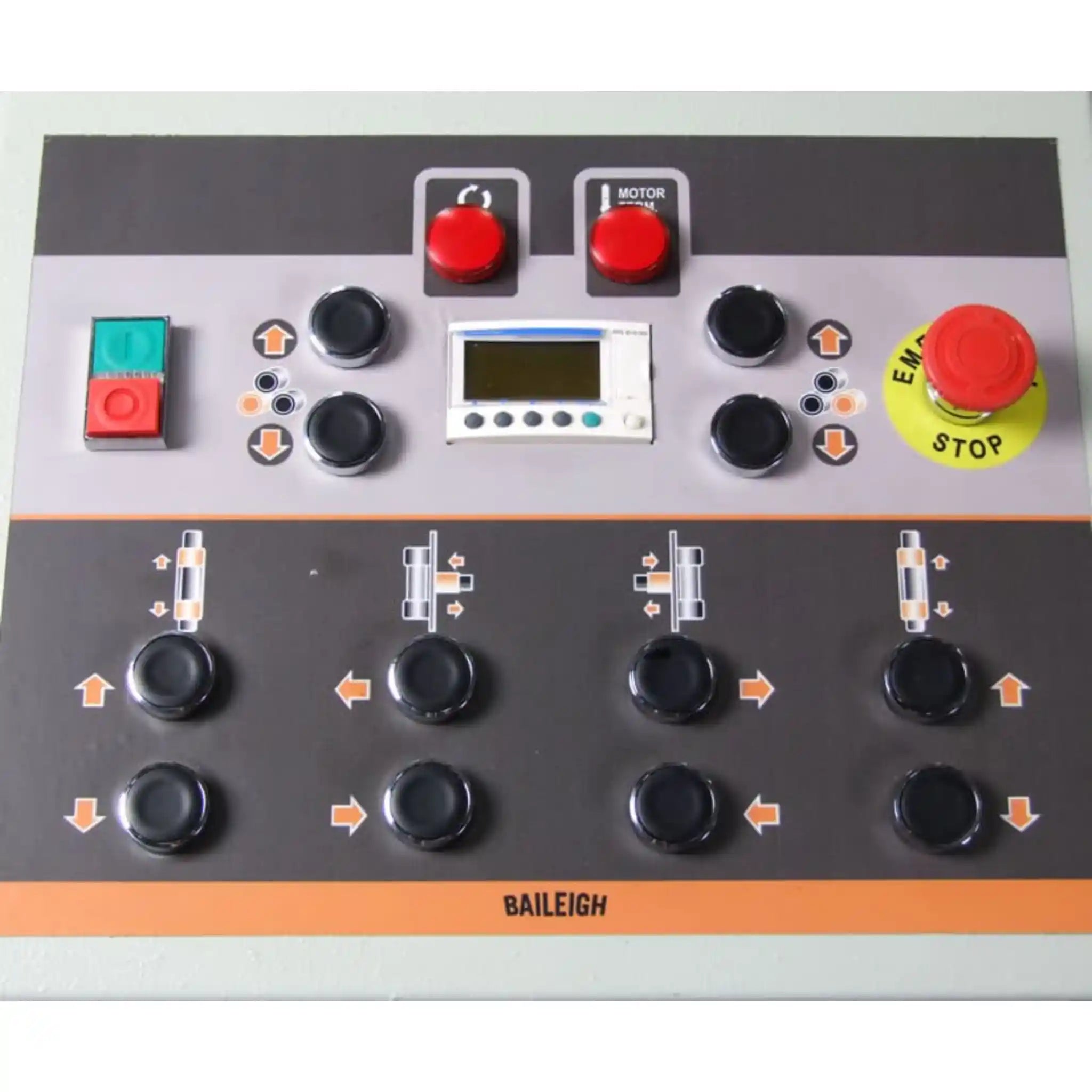 A close up top down image taken of the control panel on the Baileigh R-H85 roll bender