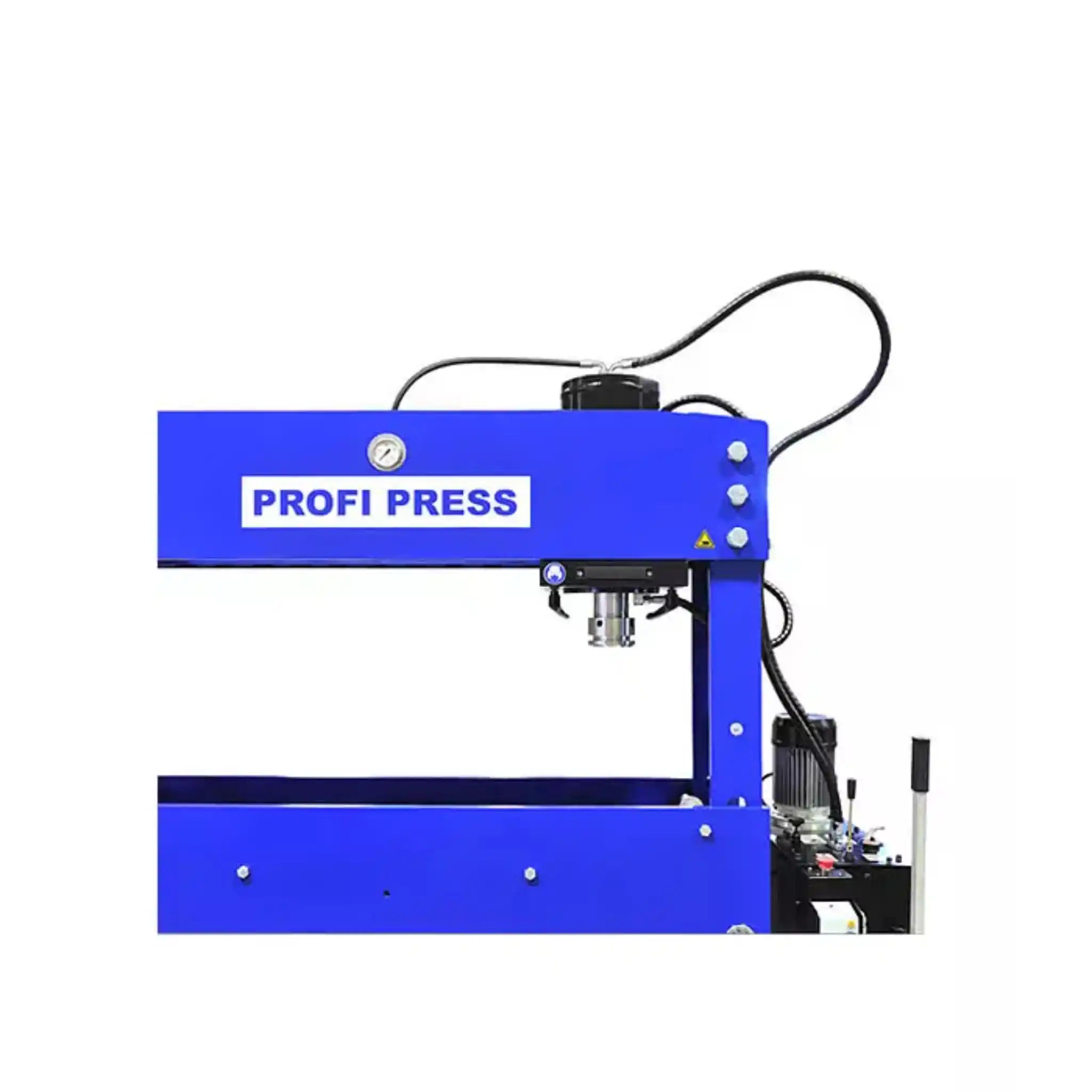 A image of the Profi Press 160 Ton hydraulic press showing that the cylinder can be moved to accommodate different projects