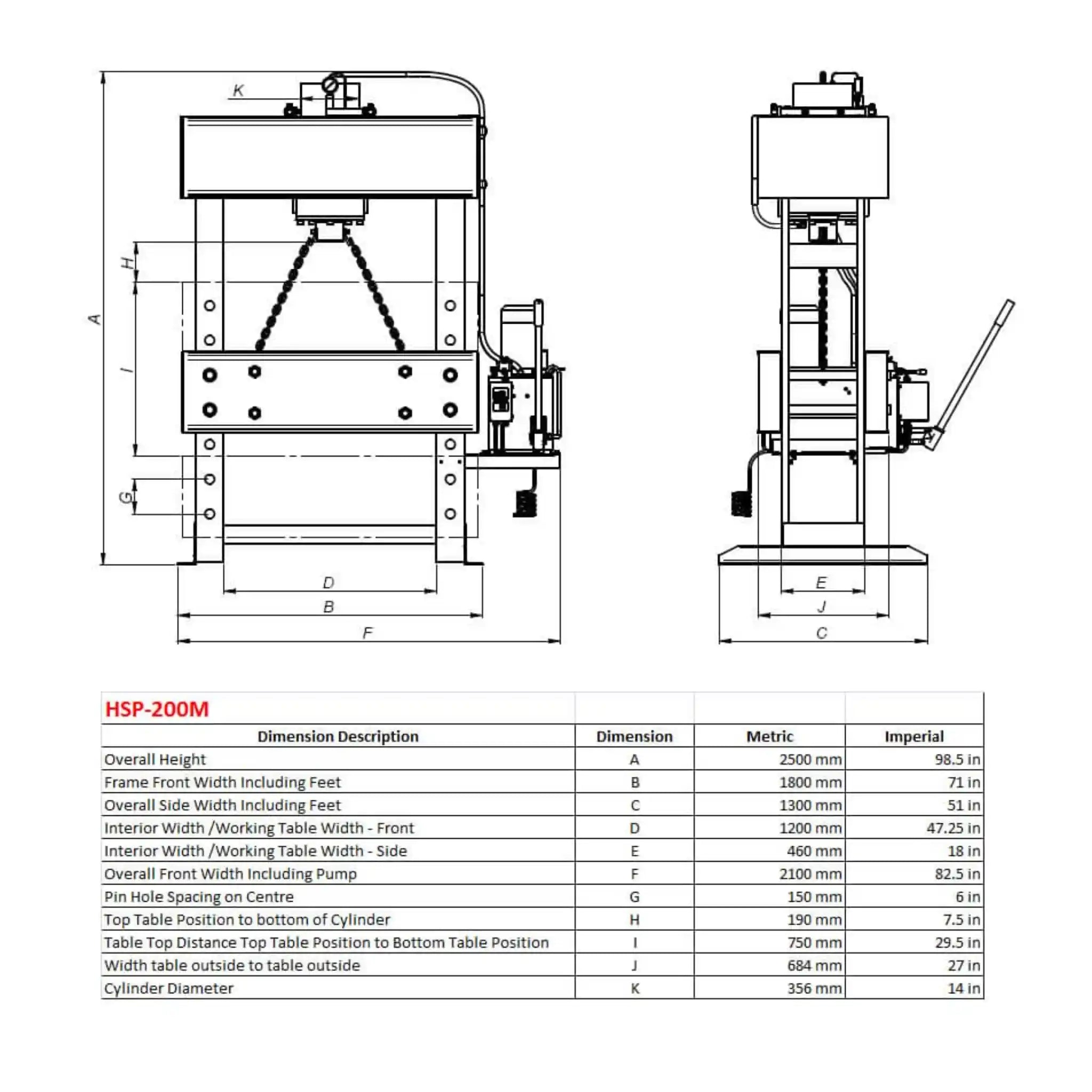 A image of the dimensions for the Baileigh HSP-200M hydraulic press