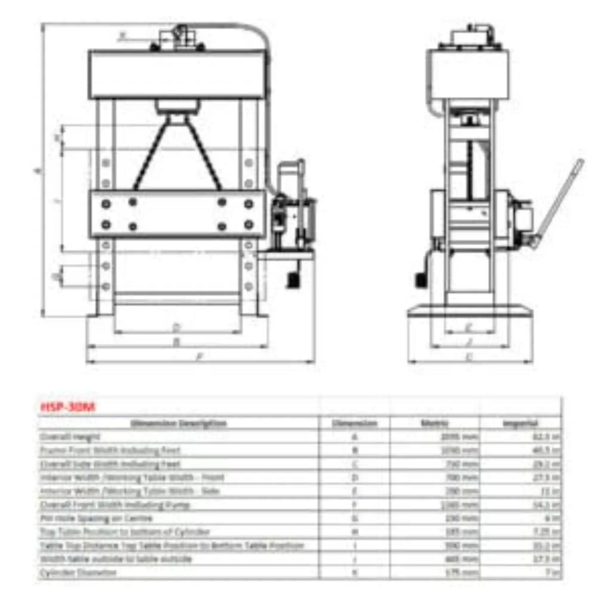 A image showing the dimensions on the Baileigh HSP-33M 