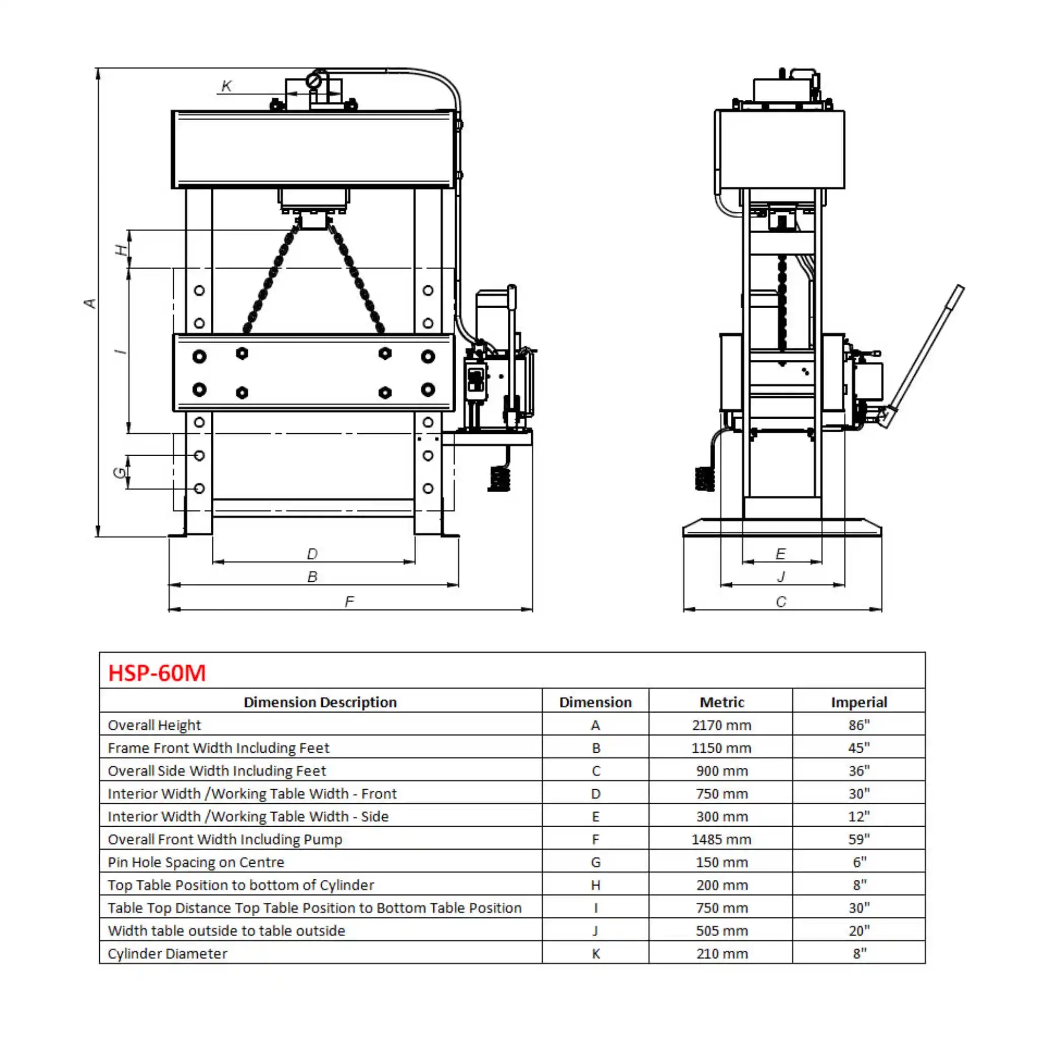 A image showing the dimensions of the Baileigh HSP-66M hydraulic press