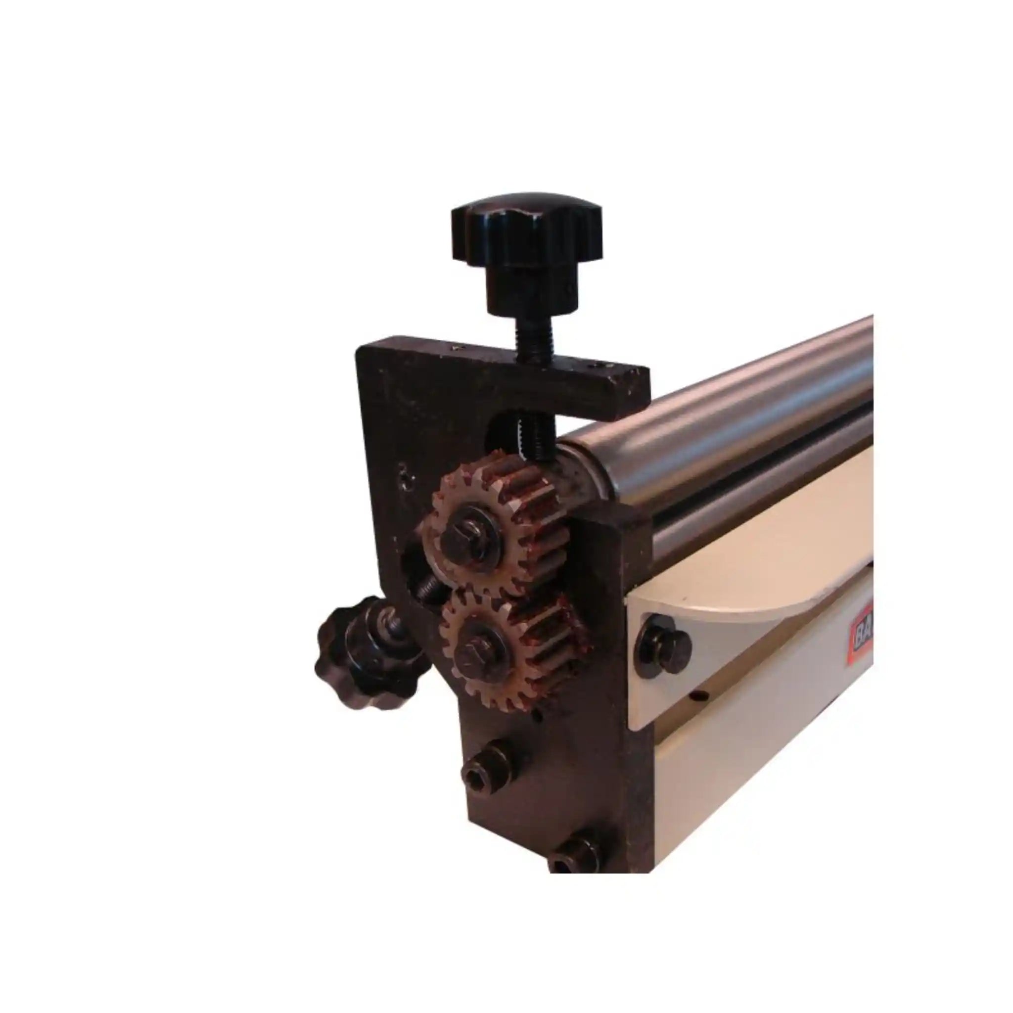 A image taken from the side of the slip roller, showing the gears. The slip roll is the Baileigh SR-1220M