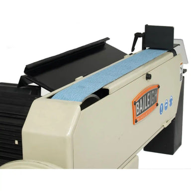 A side top down view of a belt grinder, the  BG-379-3PH manufactured by Baileigh