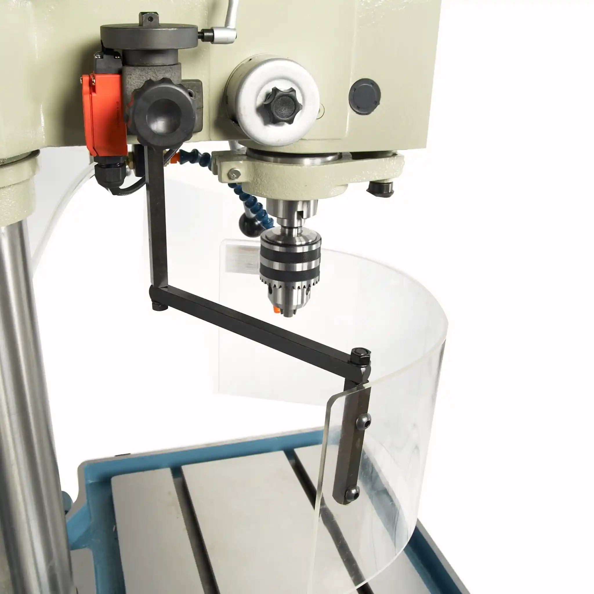 An image showing the drill guard in use, protecting the user. The machine is the Baileigh DP-1250VS