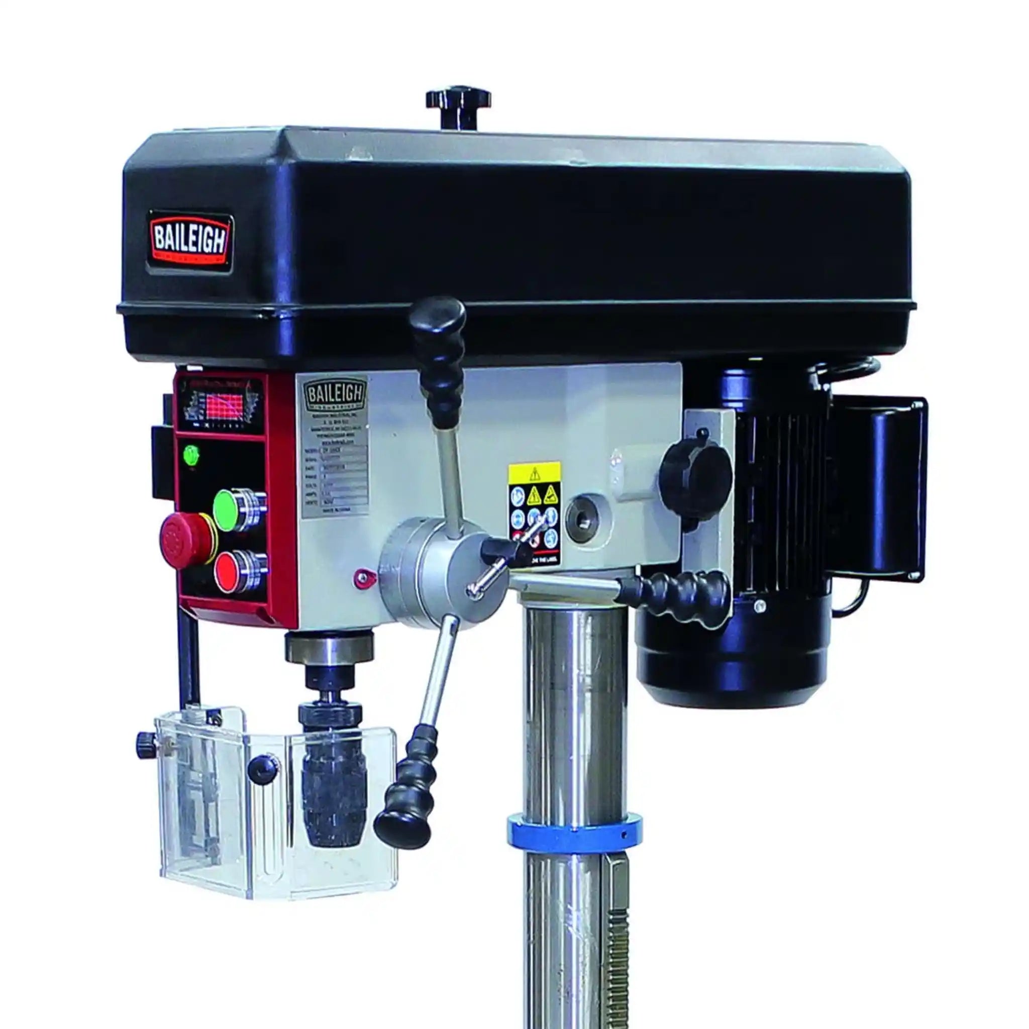 A close up image of the head, control panel and motor on the Baileigh DP-1000E 