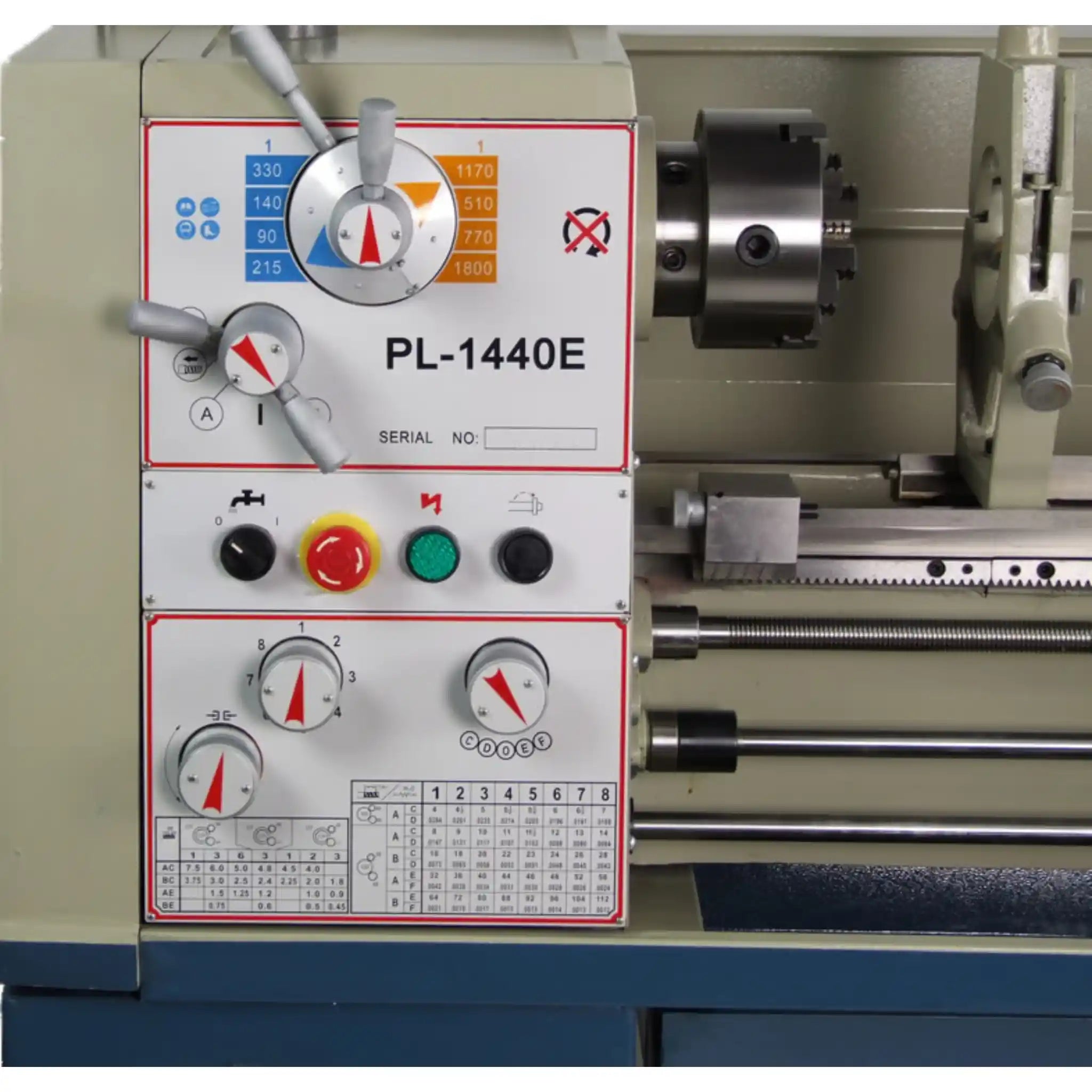 A image close up of the controls on the head of the PL-1440E lathe, manufactured by Baileigh