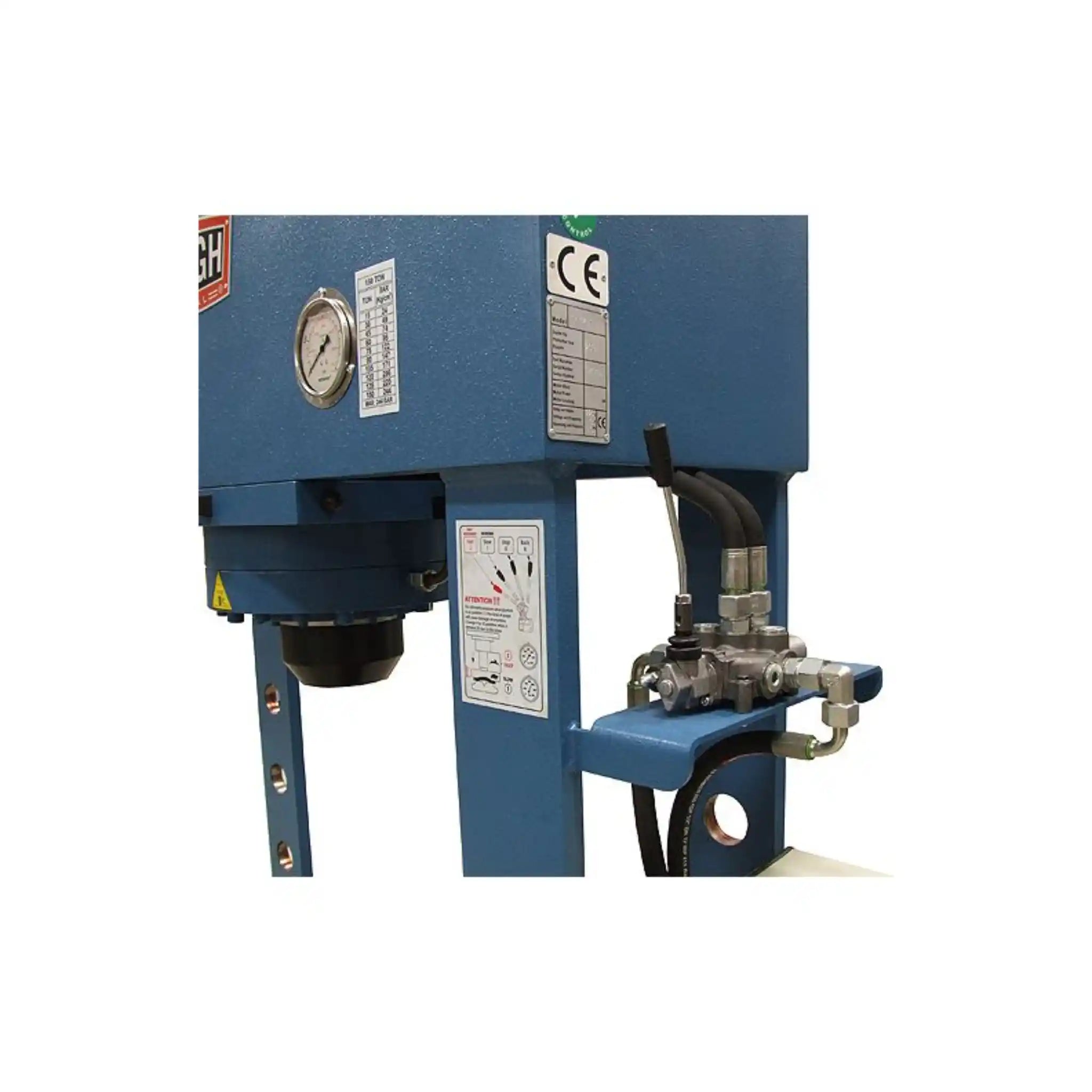 A image taken showing the side of the machine, including hydraulic controls, head, hydraulic press. The machine is the Baileigh HSP-176M press